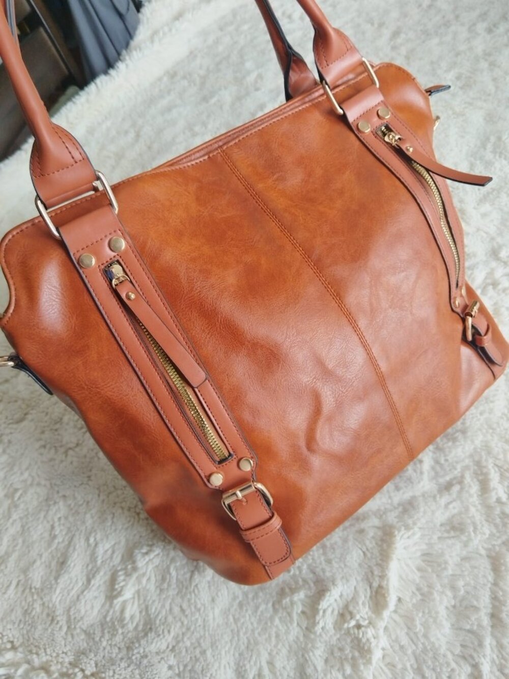 Unbranded Cognac Brown Faux Leather Shoulder Bag Tote Zipper Details NWOT